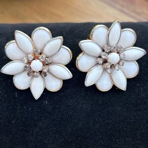 Vintage Kramer Milk Glass Rhinestone Flower Earrings